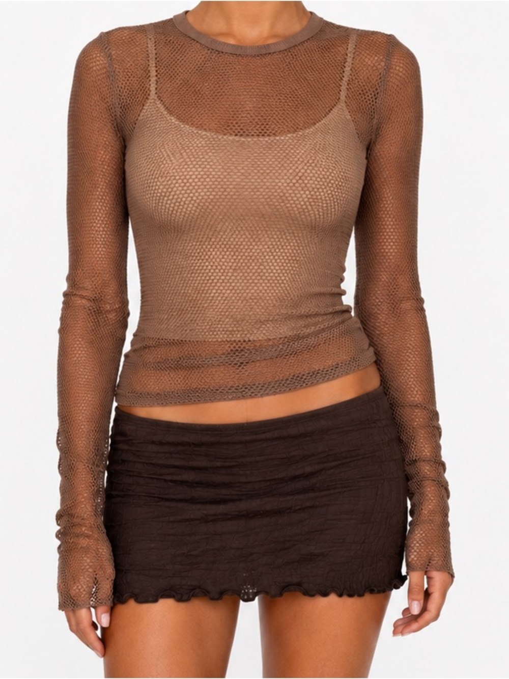 Urban Outfitters Brown Mesh Long Sleeve Top
